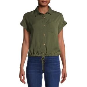 No Boundaries Womens Juniors Sea Turtle Green Button Front Cinched Waist Blouse